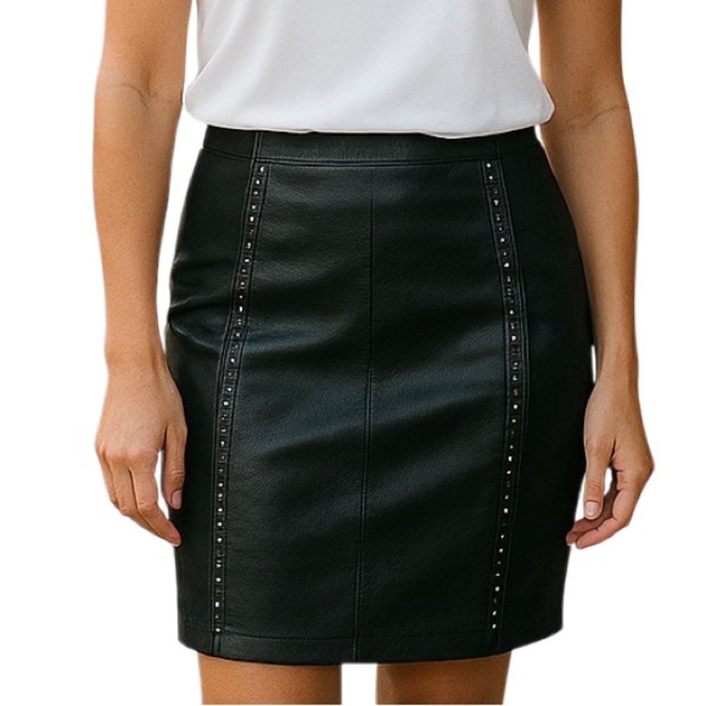 White House Black Market Black Leather Pencil Skirt with Stud Detail 4